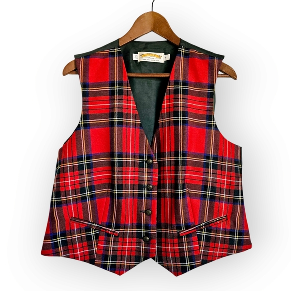 Women's James Pringle Weavers of Inverness Red Tartan Plaid Wool Vest Size 16 - Picture 1 of 7
